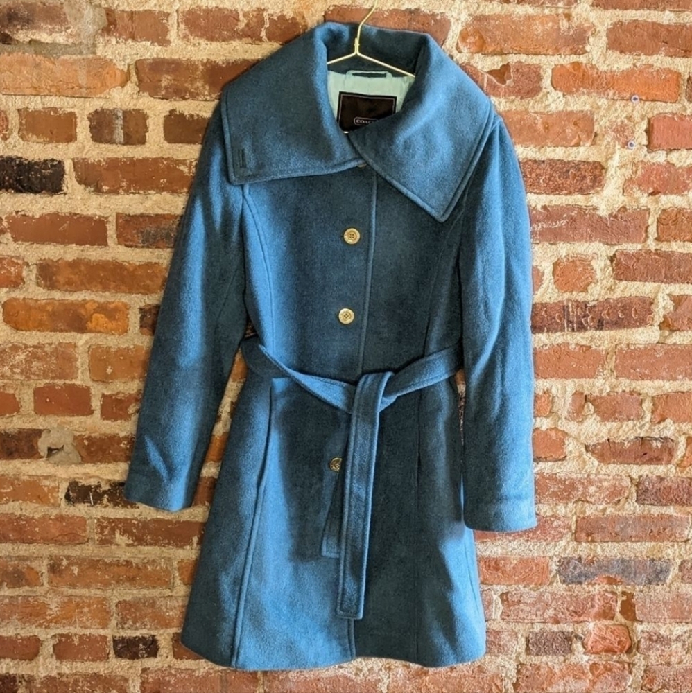 Coach Wool-Mohair Blend Belted Pea Coat, Teal